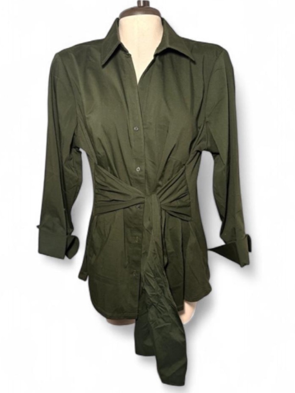 Zac & Rachel Tie Front Button Down Blouse Olive Green Long Sleeve XL